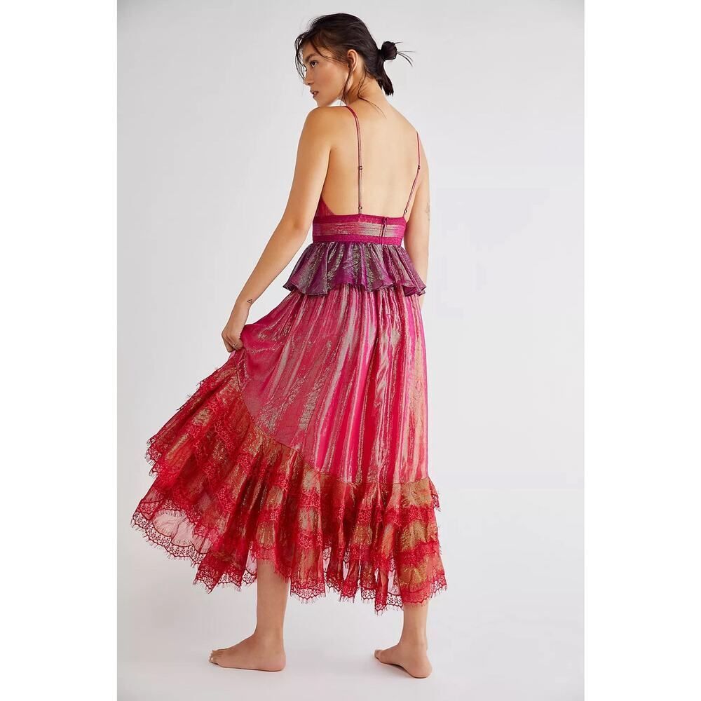 Rococo Sand Shimmery Red Metallic V-Neck Tiered Maxi Dress - Picture 2 of 8